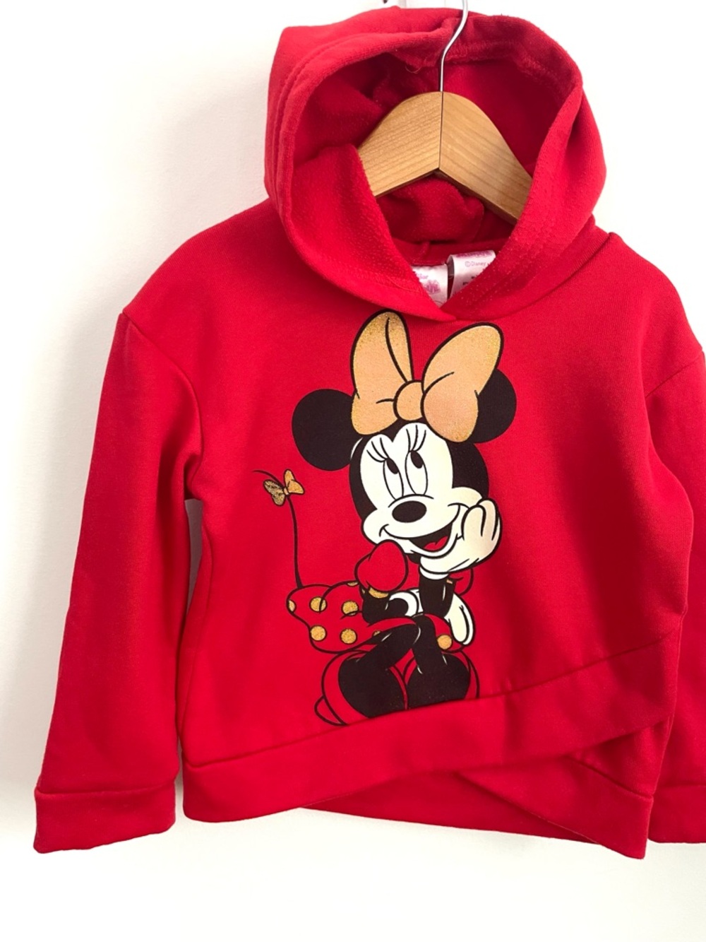 NEW Minnie Mouse Hoodie, Gold Sparkle, Overlap Hem, Fleecy Inner, Bright Red